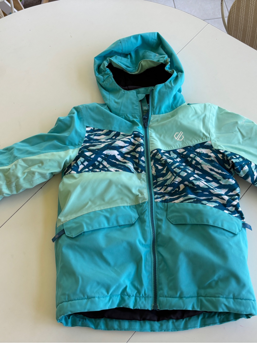 Youth Teal Patterned Hooded Winter ski Jacket and snow pants